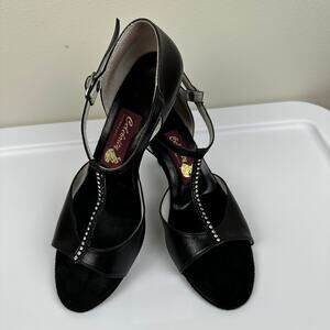 Celebrity Womens Dance Shoes Ballroom Latin T- Strap Heels Rhinestones Black 9.5